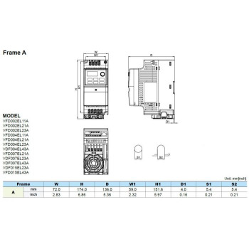 Frekiváltó - 0,25kW 1,9A 1x230V ,IP20, 4 DI Bemenet, RS485 Modbus komm., IP20