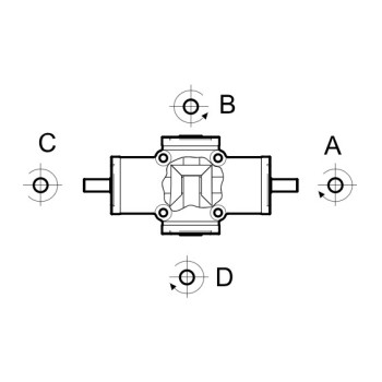 Hajtómű - i 1:1, Mn=4 Nm (1400 1/min.), "A" be / "B" "C" és "D" ki, üreges