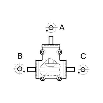 Hajtómű - i 1:1, Mn=4 Nm (1400 1/min.), "A" be / "B" és  "C" ki, O14mm, alu ház