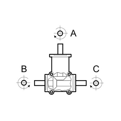 Hajtómű - i 1:1, Mn=4 Nm (1400 1/min.), "A" be / "B" és "C" ki, O24mm, alu ház