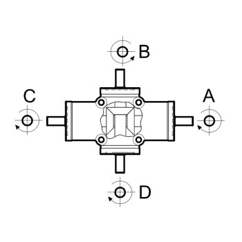 Hajtómű - i 1:2, Mn=4 Nm (1400 1/min.), "A" be /  "B"  "C" és "D" ki, O14mm,