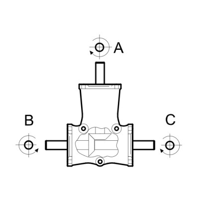 Szöghajtómű - i 1:1 , teng. O20mm "A" behajt. / "B" és "C" kihajt. egyező irányú