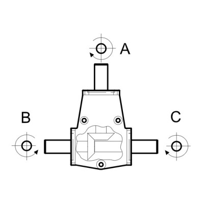Szöghajtómű - i 1:1 , teng. O35mm "A" behajt. / "B" és "C" kihajt. egyező irányú